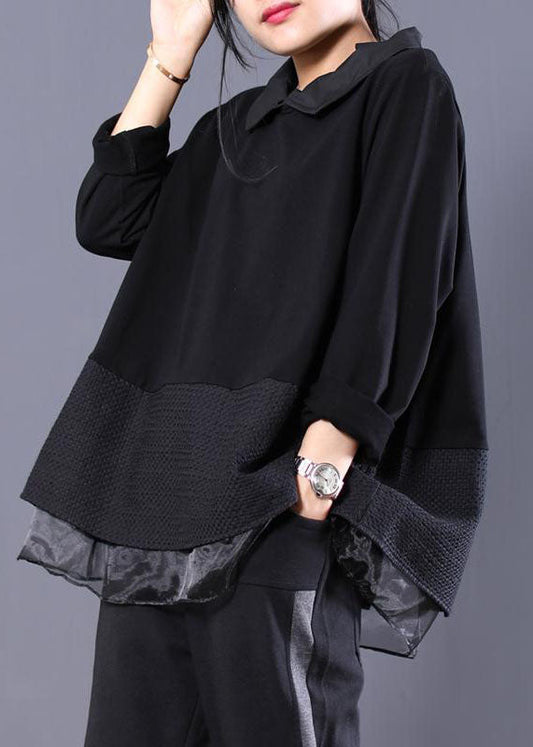 Loose Black Peter Pan Collar Fake Two Pieces Sweatshirt Long Sleeve