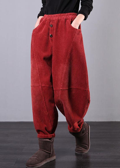 Modern Red Women Pants Oversize Fall Corduroy Pockets Cotton Casual Pants - SooLinen