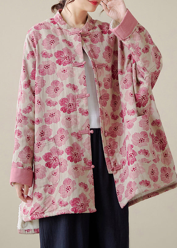 Organic Pink Oversized Print Fine Cotton Filled Coat Outwear Winter