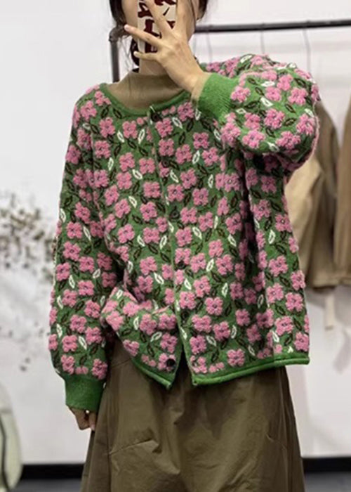 Pink Floral O Neck Button Patchwork Cotton Knit Coats Long Sleeve