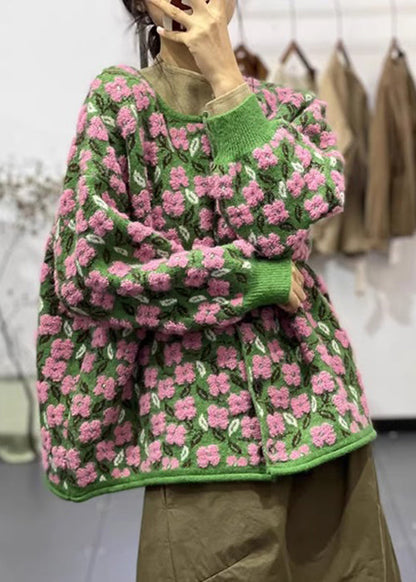 Pink Floral O Neck Button Patchwork Cotton Knit Coats Long Sleeve